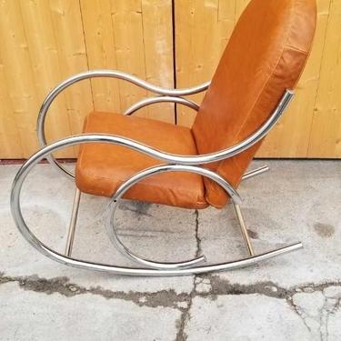 Mid Century Modern Tubular Chrome Rocking Chair Newly Upholstered in Leather