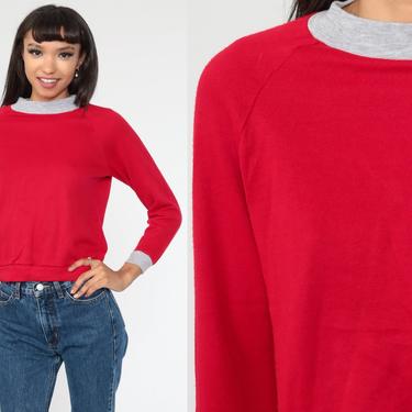 Red Raglan Sweatshirt 80s Crewneck Sweatshirt Plain Long Sleeve Shirt Slouchy 1980s Vintage Sweat Shirt Extra Small xs by ShopExile