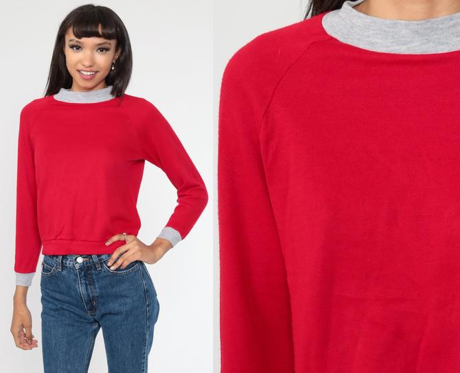 Red Raglan Sweatshirt 80s Crewneck Sweatshirt Plain Long Sleeve Shirt Slouchy 1980s Vintage Sweat Shirt Extra Small xs 