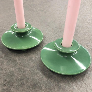 Vintage Candlestick Holders Retro 1960s Set of 2 Matching Green Ceramic + Glazed + Footed + Candle Holders + England + Home Styling + Decor 