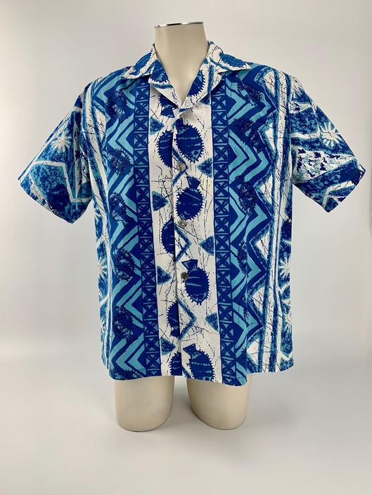 1960'S HAWAIIAN SHIRT - Sea Fish Border Print - All Cotton - Metal Greek God Buttons - Patch Pocket - Loop Collar - Men's Size Large to XL 