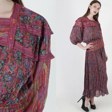 Vintage 80s Diane Freis Fres Dress Abstract Floral Striped Smocked Pleated Maxi Dress 