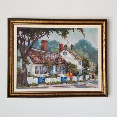 1970s Village Street Scene Oil Painting by Rogers, Framed. 