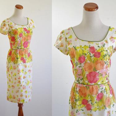 Vintage 60s Wiggle Dress, Tulip Print Dress, Short Sleeve Dress, 1960s Cotton Dress, Scoop Neck Dress, Flower Garden Party Dress, Medium 