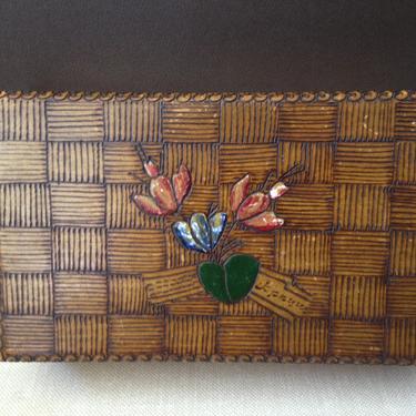 Carved Wood Trinket Box Handcrafted Mid Century Basket Weave Pattern and Tulips 
