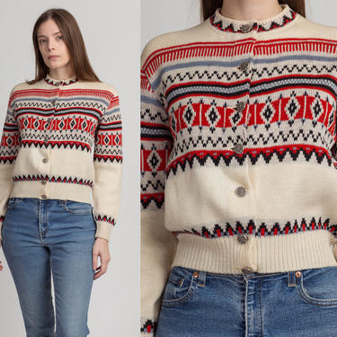 50s 60s Jersild Nordic Cropped Cardigan - Medium | Vintage Fair Isle Button Up Wool Knit Winter Sweater 