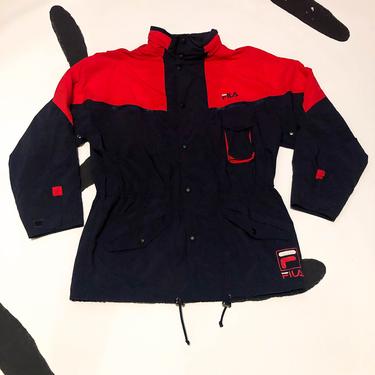 90s Fila Hooded Parka Jacket / Size Large / Nylon / Windbreaker / Logo / Cinched Waist / Hip Hop / Streetwear / Athletic / Pockets / y2k 