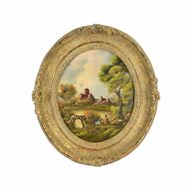 Vintage Oval Oil Painting Landscape w Castle and 2 Women by Van Thoren 