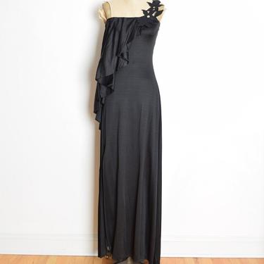 vintage 70s disco dress black one shoulder tiered grecian goddess maxi gown XS clothing 