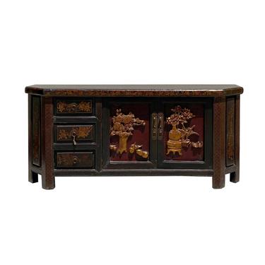 Chinese Distressed Brown Golden Flower Motif TV Console Table Cabinet cs612E 