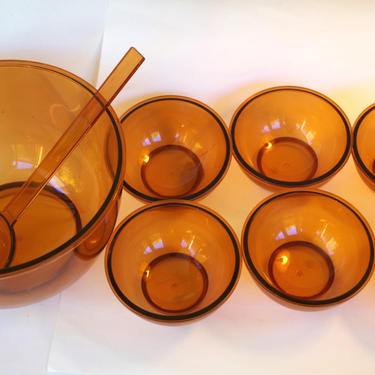 Fabulous Vintage 1970s Mod Dansk Gunnar Cyren GC Clear Rust Orange Plastic Bowl with Serving Spoon and 6 Small Salad Bowls 