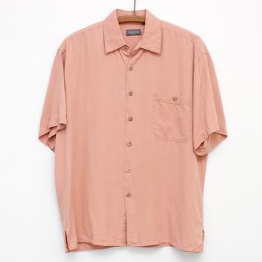 Vintage 1990s Silk Men's Shirt - Salmon Pink Van Heusen Short Sleeve Button Up Shirt - M 