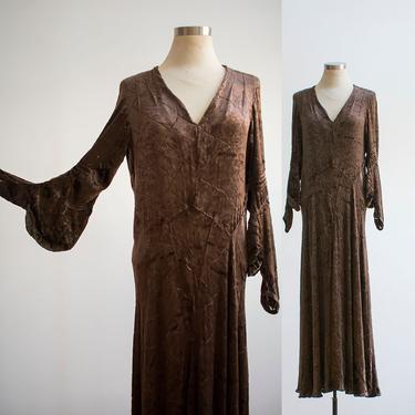 Brown Velour Gown / 1930s Burnout Dress / 1930s Burnout Gown / Formal Vintage Evening Gown / Antique Gown / Brown Gown / Brown Antique Dress 