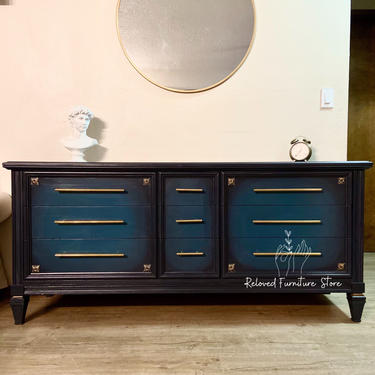 Refinished triple dresser / sideboard / buffet / tv stand  on legs navy blue and teal gold details 9 drawers 
