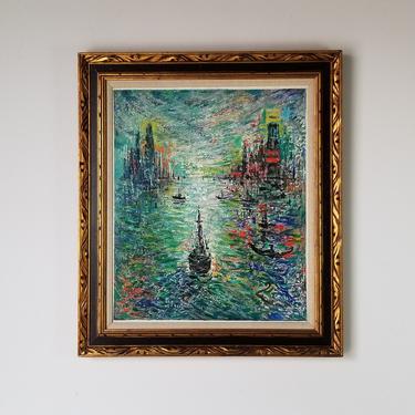 1960 &quot;Harbor Entrance&quot; Expressionist Oil Painting by Charles Melohs, Framed. 