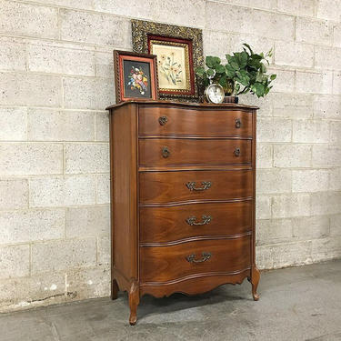 LOCAL PICKUP ONLY Vintage Wood Bureau Retro 1960's Curved Multi Drawer Tall Dresser with Ornate Metal Hardware Bedroom Furniture 