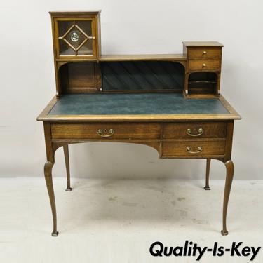 Antique English Arts Crafts Queen Anne Oak Green Leather Top Hutch Writing Desk