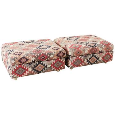 Pair of Geometric Kilim Style Upholstered Ottomans by ErinLaneEstate