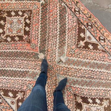 Antique 6’1” x 12’5” Khotan Rug Coral Orange Brown Hand Knotted Wool Rug Art Deco 1920s - FREE DOMESTIC SHIPPING 