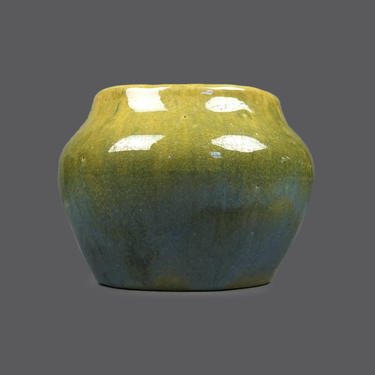 Mid Century Ceramic Bowl Vase Round Yellow Light Blue Glaze MCM Modern Pottery Art Designer Stoneware 