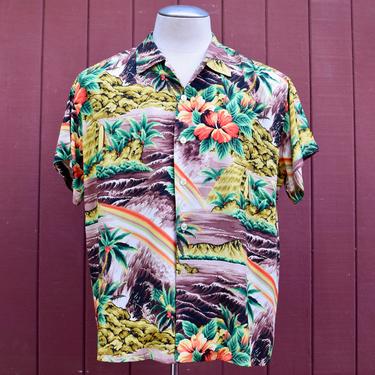 Late 50s Rayon Scenic Print Pali Hawaiian / Aloha Shirt XL Surfboards 