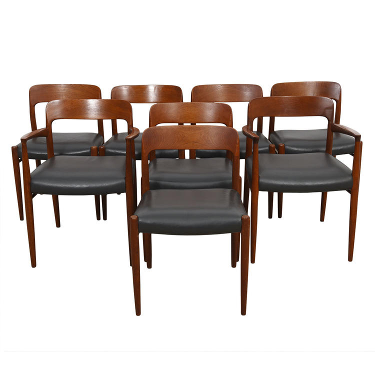 Set of 8 (2 Arm + 6 Side) Danish #56 / #75 Teak & Leather Moller Chairs