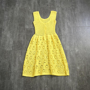 1960s crochet dress . vintage yellow crochet dress 