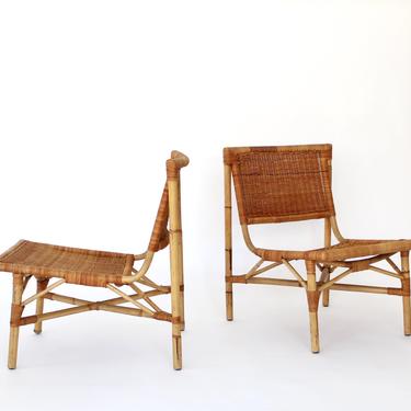 French Rattan and Bamboo Low Lounge Chairs Atrributed to Jacques Dumond