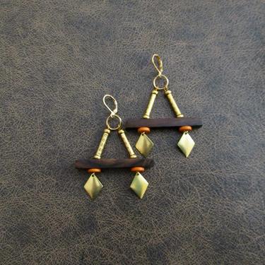 Afrocentric orange earrings, ethnic earrings, African brass earrings, bold earrings, statement earrings, large earrings, wooden earrings 