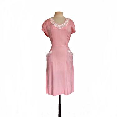 Vintage 50s pink Ann Colby sequined sheath dress with white embroidery 