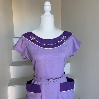 The Cutest 1950s Lilac and White Marcy Allen Day Dress 36 Bust Vintage 