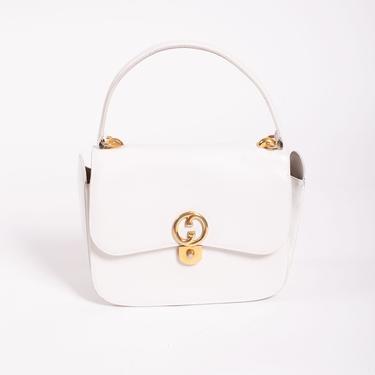 GUCCI 1973 Rare White Top Handle Clasp Bag with Gold Hardware 70s GG Logo Monogram Satchel Kelly 1970s 