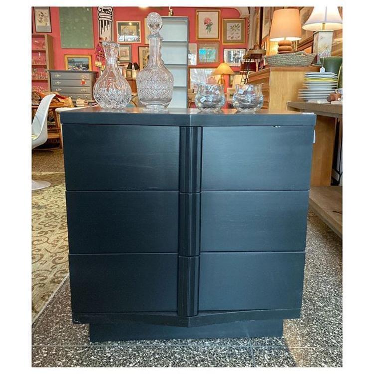 Black painted Ken Coffey “Linwood” petite chest with 3 drawers, 2 available 30” diameter / 19” depth 