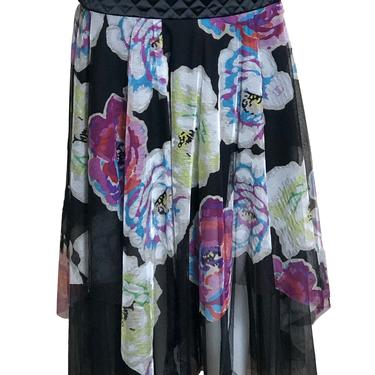 Chanel Early 2000s Silk Mesh Floral Skirt with Quilted Waist Band