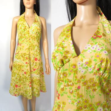 Vintage 60s/70s Floral Print Halter Mini Dress Size S 