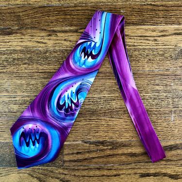 Wonderful Vivid Hand Painted 1940s / 50s Purple And Blue Abstract Silk Hollyvogue Tie 