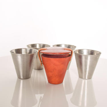 Danish Modern Set Stainless Steel Stirrup Cups Leather Case by RIA Denmark 