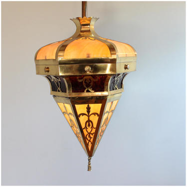 A3112 Vintage Slag Glass Globe Pendant Ceiling Light Fixture Brass and Slag Glass 