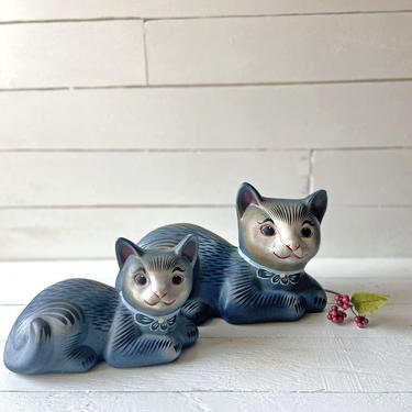 Vintage Hand Painted Blue Pottery Mexican Cat Pair, Mother And Baby | Cat Figurine, Knick Knack, Cat Lover Gift, Folk Art, Mothers Day 