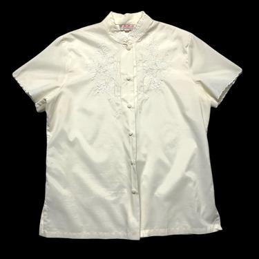 Vintage Women's &quot;DAFFODIL&quot; Embroidered Button-Up Shirt ~ Short Sleeve Lace Blouse ~ Mandarin Collar 