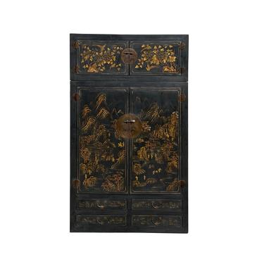 Chinese Distressed Black Golden Scenery Moon Face Compound Cabinet cs7191E 