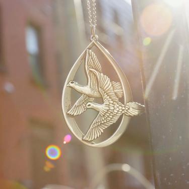 Vintage Peace On Earth 1972 Flying Doves Teardrop Pendant, Wallace Sterling Silver Embossed Dove Pendant, Large Silver Pendant, 2 3/4&quot; 