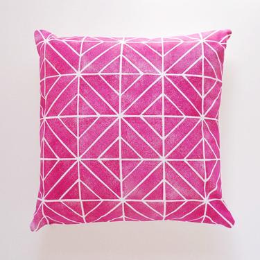 Hand printed fuchsia geometric throw pillow cover • bright, bold pink / magenta / fuschia 