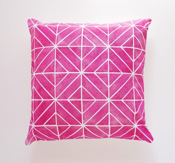 Hand printed fuchsia geometric throw pillow cover • bright, bold pink / magenta / fuschia 