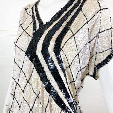 1970s Black and White Silk Beaded/Sequin Judith Ann Blouse / Medium 