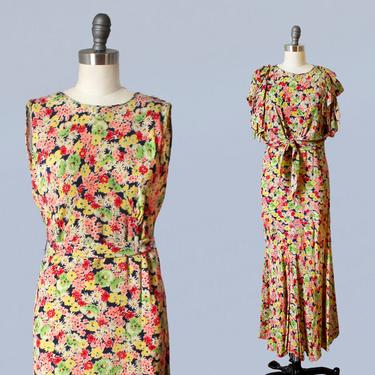 1930s Floral Gown / 30s Lemon Lime Pink Garden Party Dress and Jacket Set / Cropped Tie Jacket / Ruffle Sleeve 