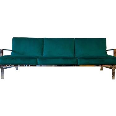Vintage Modern Chrome Couch In Emerald Green Velvet 
