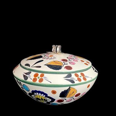 Vintage LARGE Hand Painted Los Castillo Taxco Mexico Ceramic Covered Bowl Tureen w Floral Motif and Silver Flower Lid Knob 