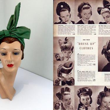 Oh Dress Up Up Up - Vintage 1940s WW2 Green Rayon Large Bow Turban Hat 