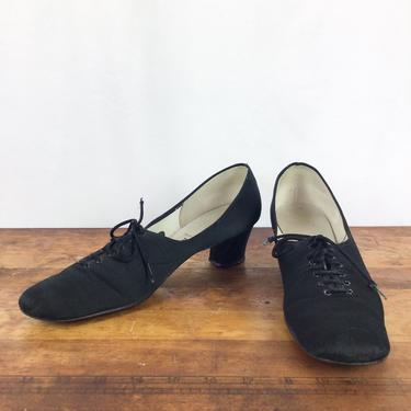 Vintage 60s shoes | Vintage black silk lace up heels | 1960s Realities pumps 